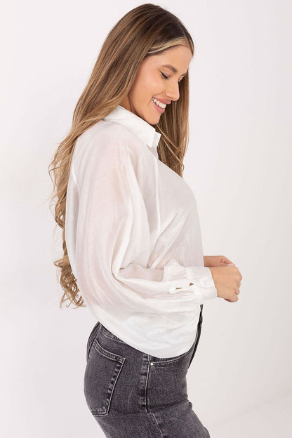 Elegant long sleeve women's shirt made of Tencel and polyester by Factory Price, featuring modern puff sleeves and a classic cut for sophisticated everyday wear.