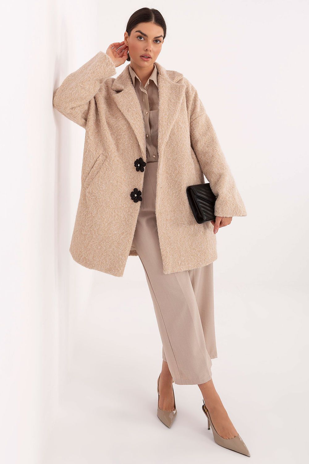 Elegant transitional women's knee-length coat with detachable brooches by Factory Price, showcasing a modern design for autumn, winter, and spring.