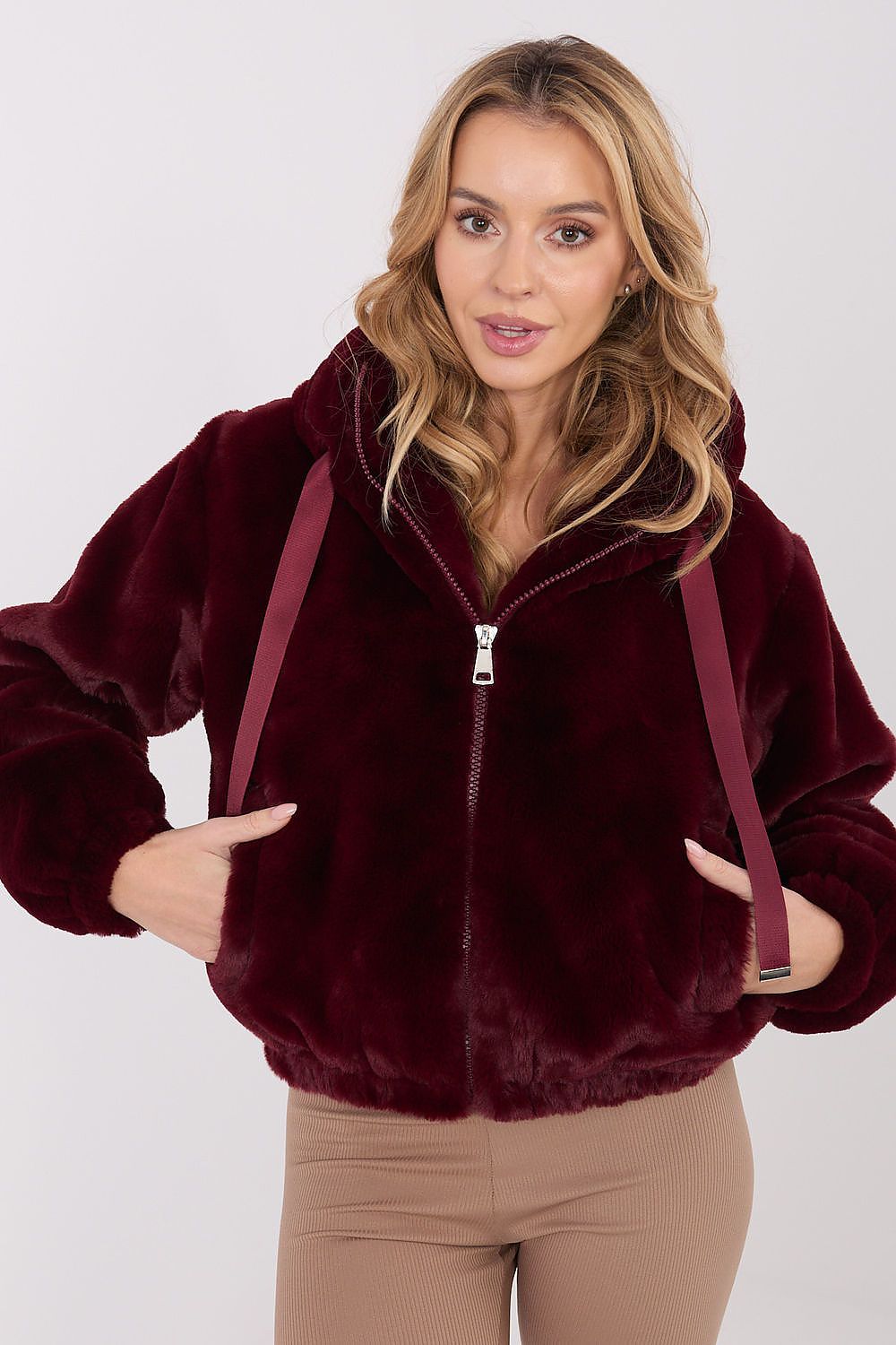 Elegant women's transitional fur jacket with hood from Factory Price, crafted from soft polyester for autumn-winter fashion, showcasing a stylish and luxurious look.
