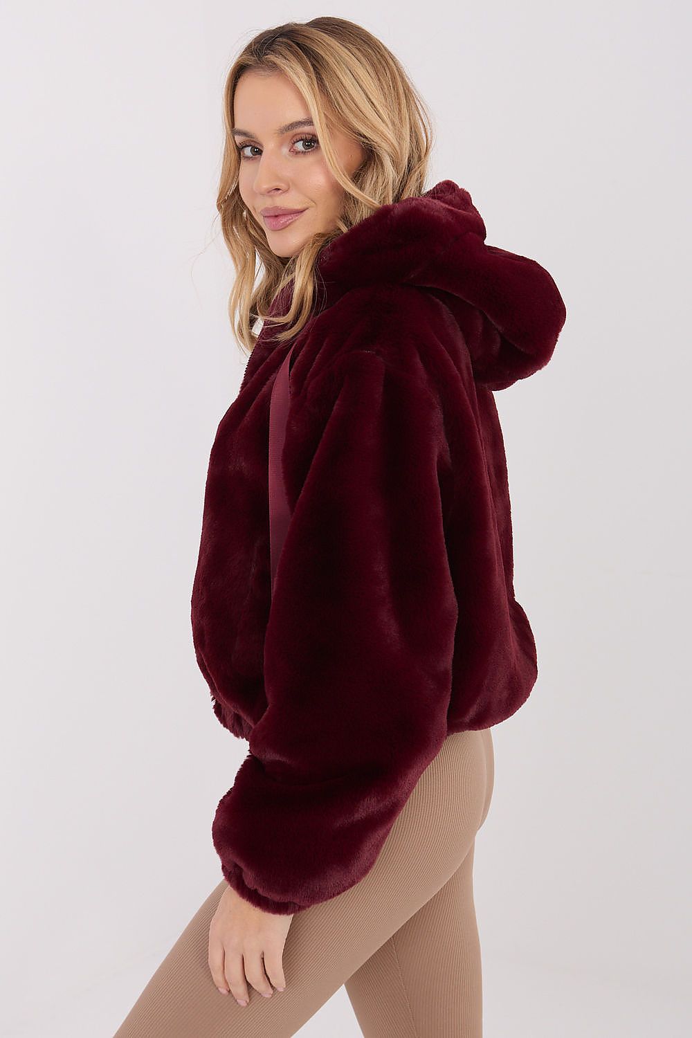 Elegant women's fur transitional jacket with hood in a stylish autumn-winter design, crafted from soft polyester, by Factory Price.