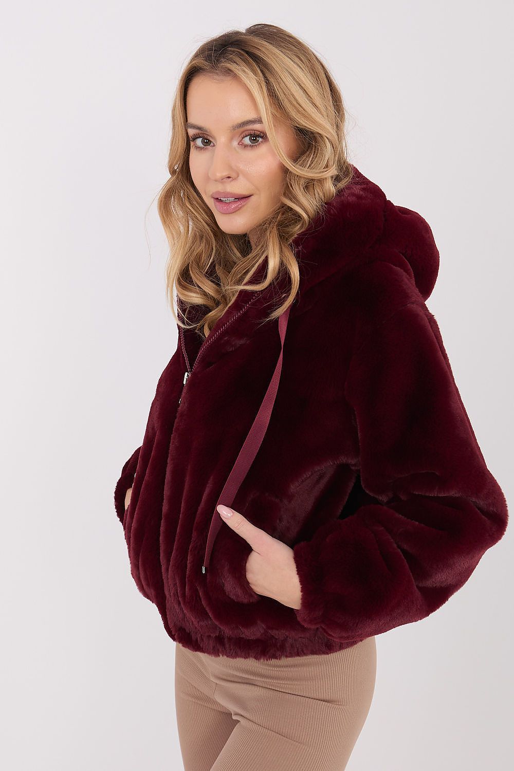 Luxurious women's short fur jacket with cozy hood, perfect for cooler days, designed by Factory Price with a smooth polyester finish.