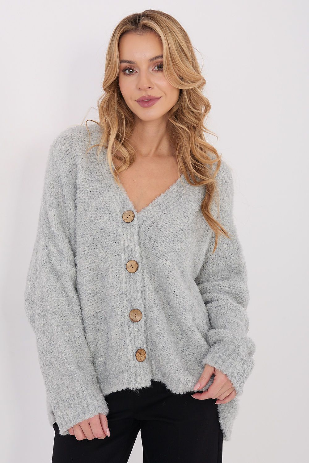 Chic women's cardigan sweater by Factory Price, featuring long sleeves and decorative buttons, perfect for crafting a fashionable ensemble.
