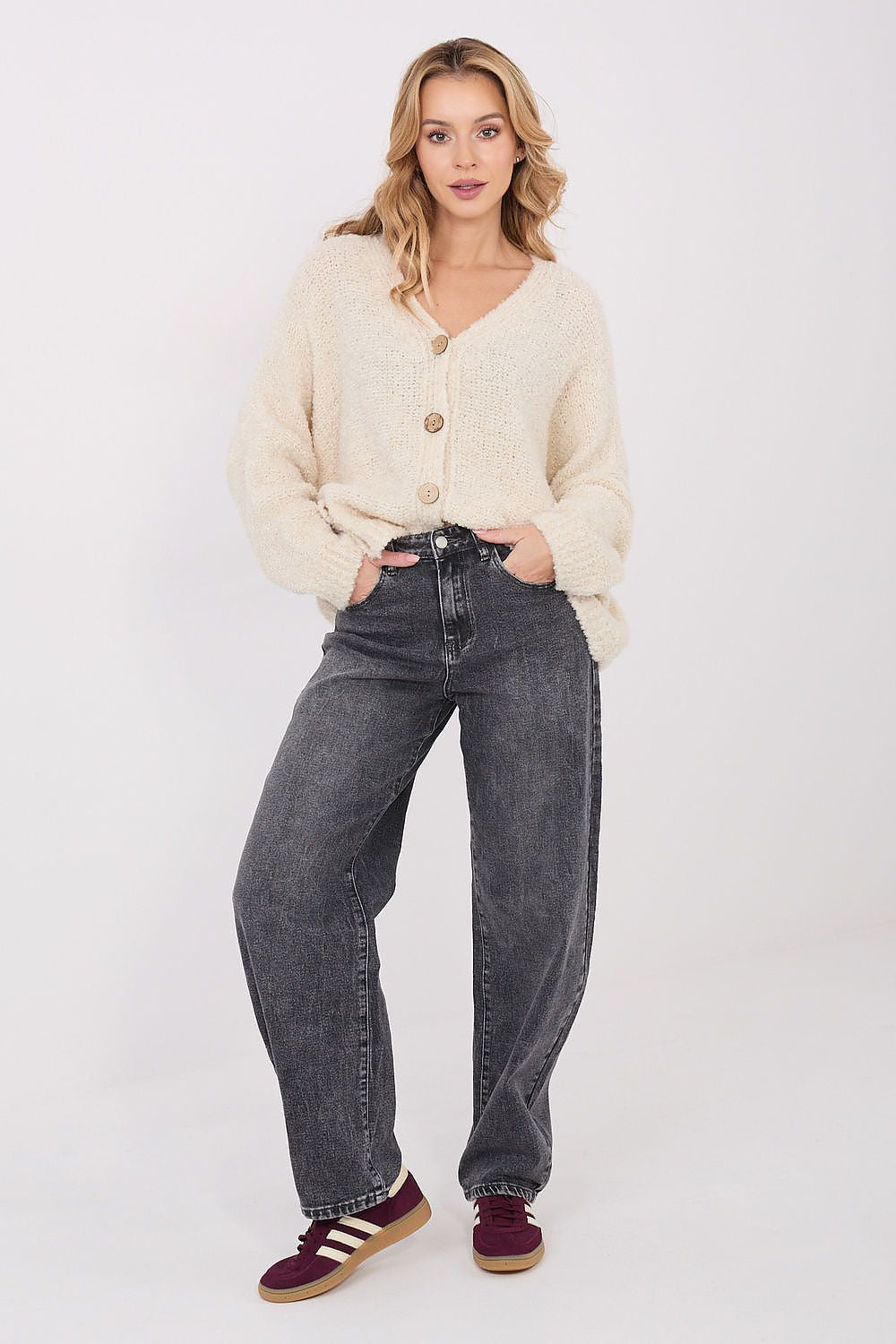 Stylish loose-fitting women's cardigan sweater with decorative buttons, perfect for casual wear or office attire, EU size 0 from Factory Price.