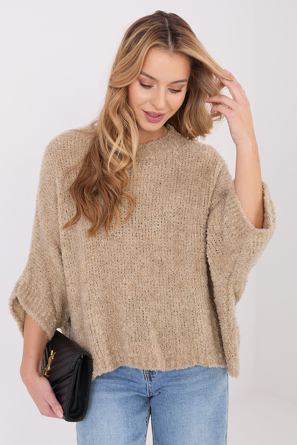 Fashionable round neckline women's boucle sweater, elegantly combining comfort with style, showcased by Factory Price.