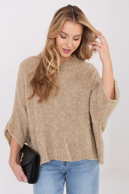 Fashionable round neckline women's boucle sweater, elegantly combining comfort with style, showcased by Factory Price.