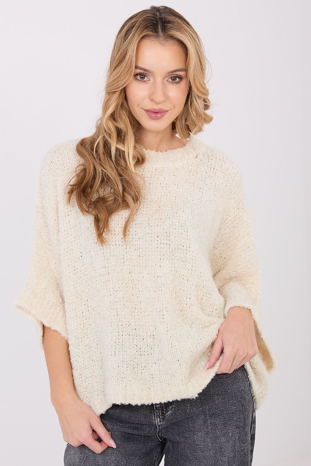Elegant styling of a women's boucle sweater with round neckline and 3/4 sleeves, size EU 0, crafted by Factory Price.