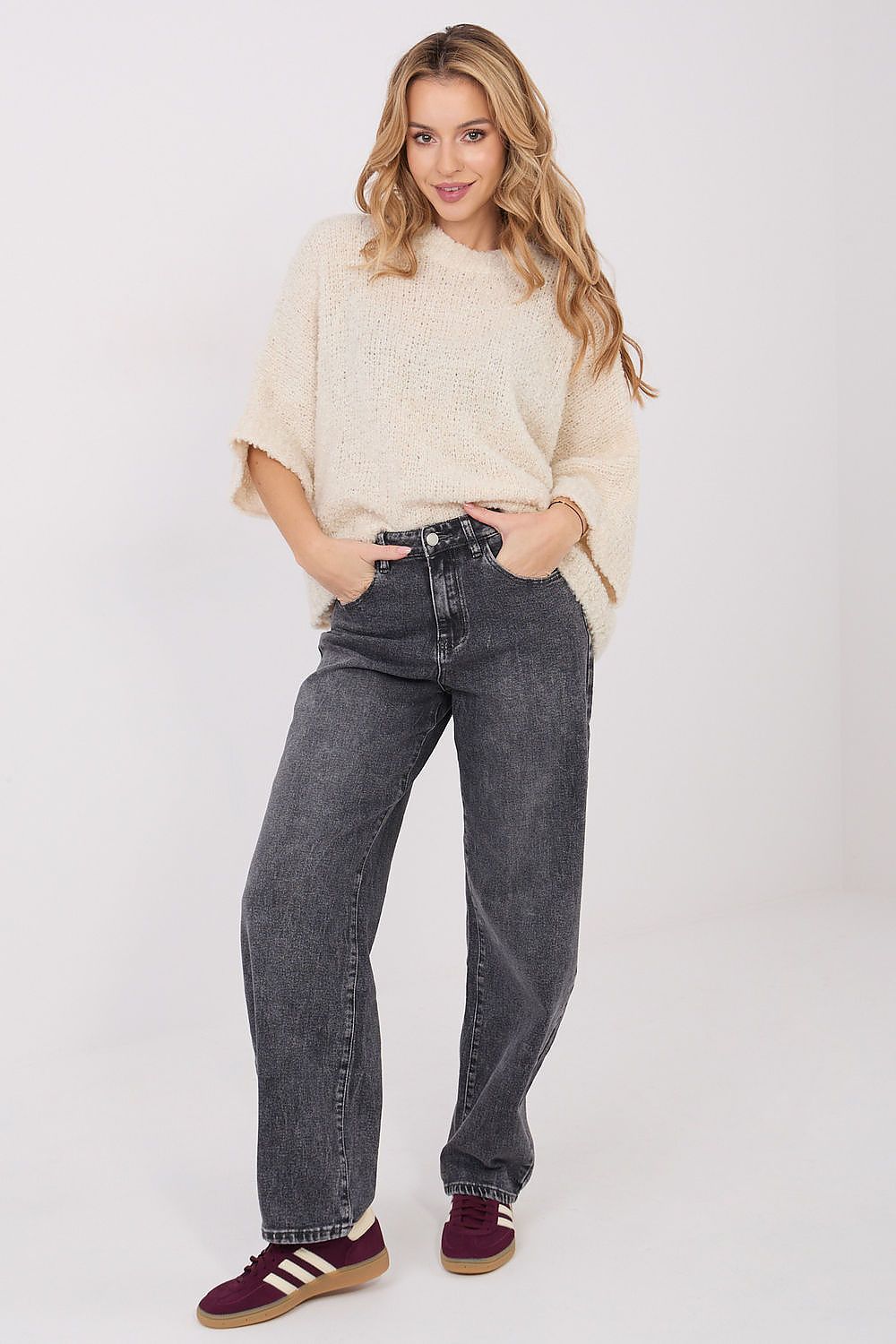 Casual look featuring a women's boucle sweater, soft acrylic blend, size EU 0, designed by Factory Price, perfect for layering.