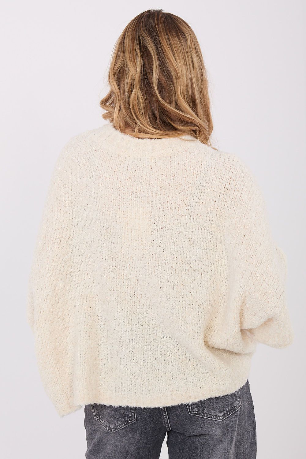 Versatile women's boucle sweater in EU size 0, showcasing a fashionable fluffy texture and 3/4 sleeves, from Factory Price.