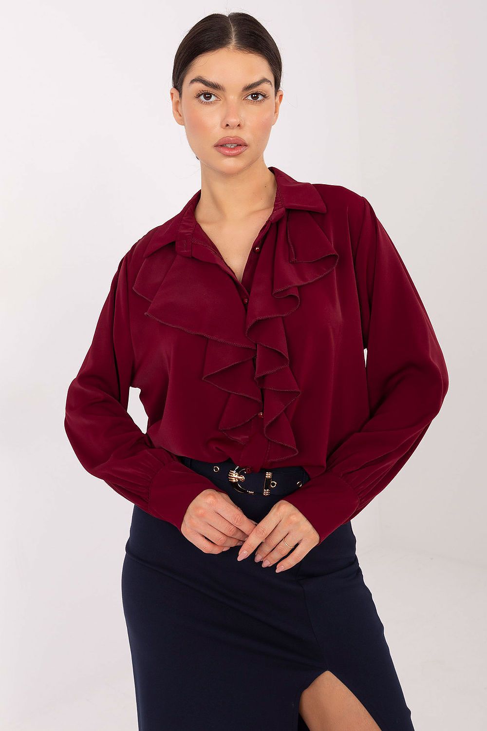 Elegant long sleeve women's shirt by Factory Price - EU Size 0, crafted from high-quality polyester, featuring decorative jabot and puffy sleeves for a touch of luxury.
