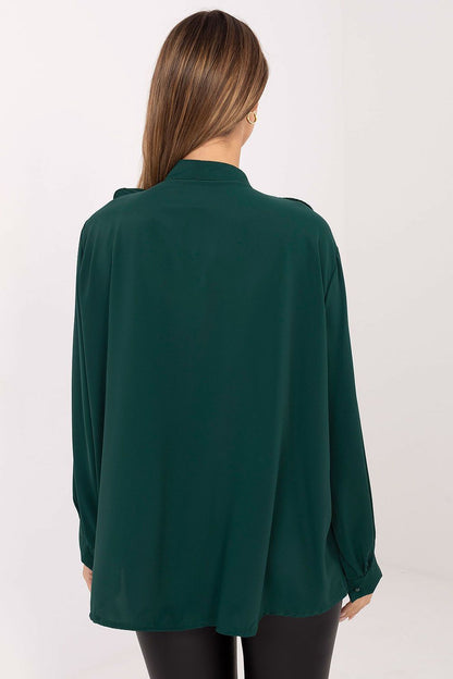 Stylish long-sleeve shirt for women by Factory Price, showcasing a chic pleated jabot detail for a formal look.
