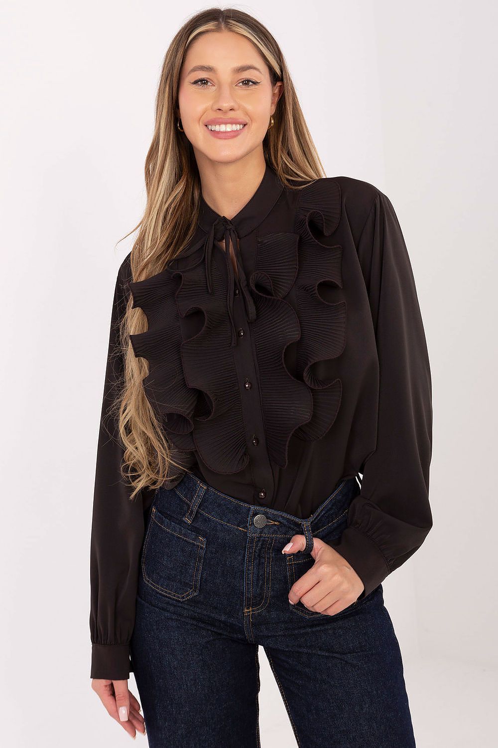 Sophisticated women's blouse in smooth polyester with a classic cut, pleated jabot, and puff sleeves by Factory Price.