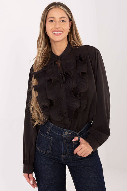 Sophisticated women's blouse in smooth polyester with a classic cut, pleated jabot, and puff sleeves by Factory Price.