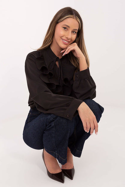 Luxury women's long sleeve shirt with tie neckline and button fastening, designed by Factory Price for modern elegance.