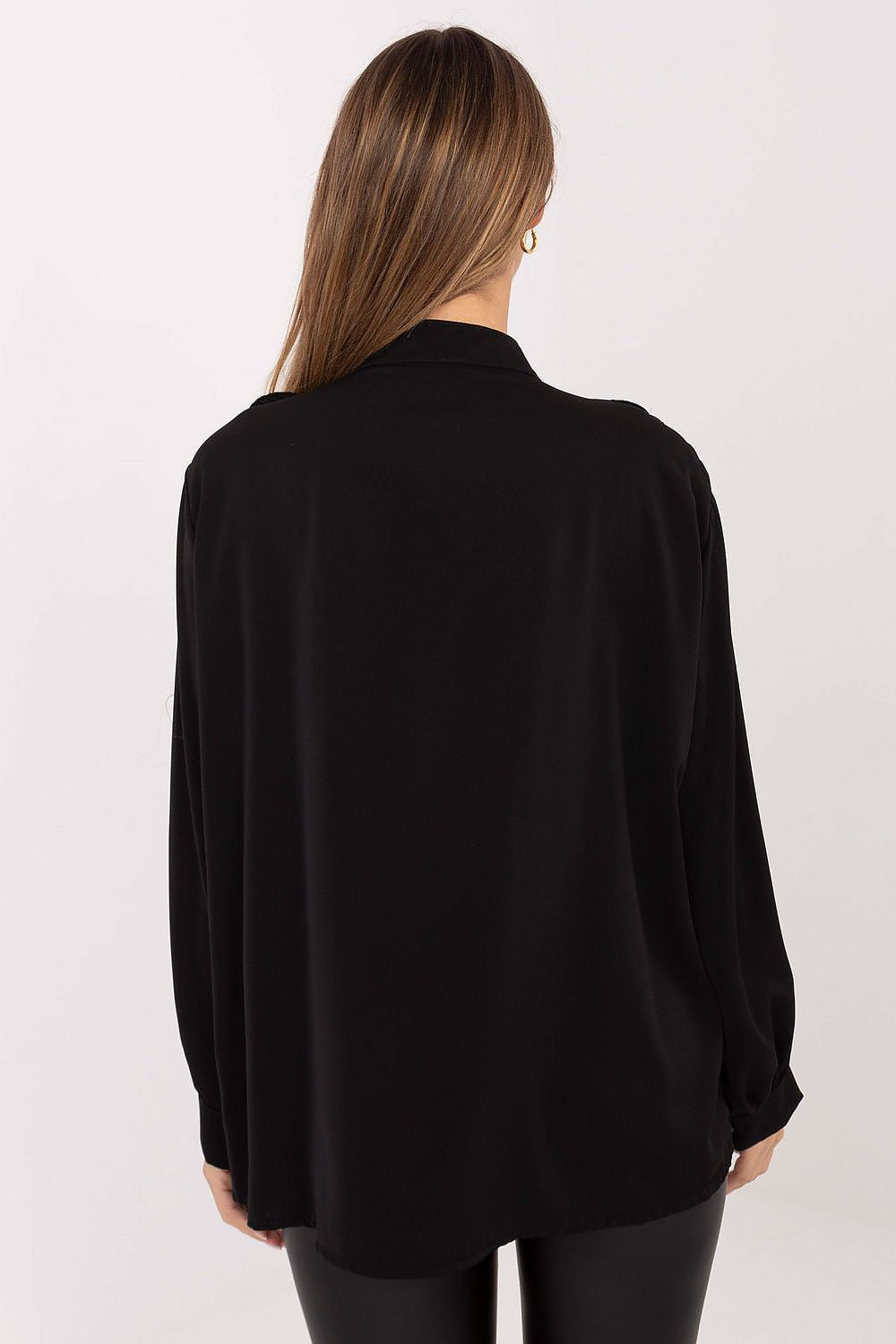 Detail view of the pleated jabot on the Women's Long Sleeve Shirt by Factory Price, highlighting elegant craftsmanship and sophistication in design.