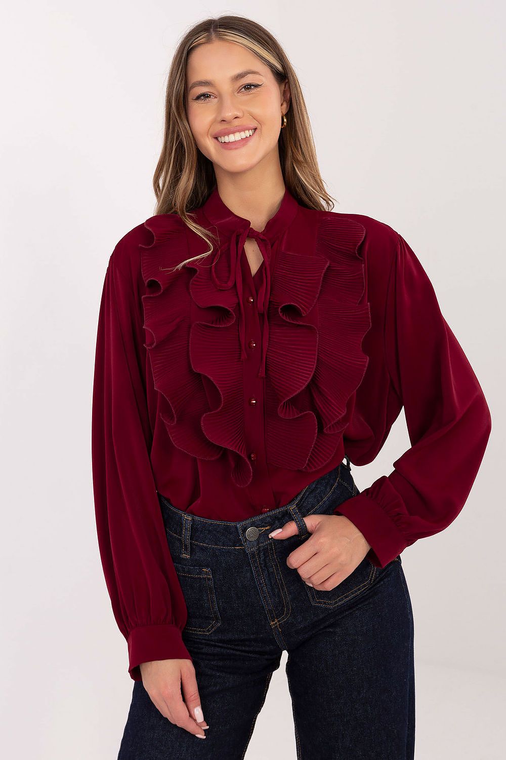 Stylish women's long sleeve shirt in standard fit by Factory Price, featuring long puffy sleeves and a tie neckline for a luxurious finish.