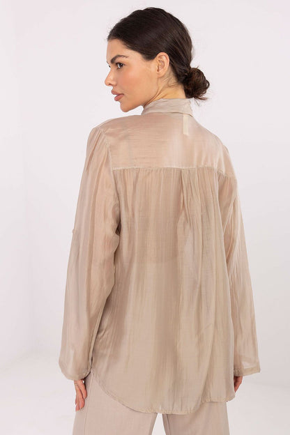 Charming view of the Elegant Women's Long Sleeve Shirt by Factory Price, highlighting the classic button closure and rolled sleeves for versatile styling options.