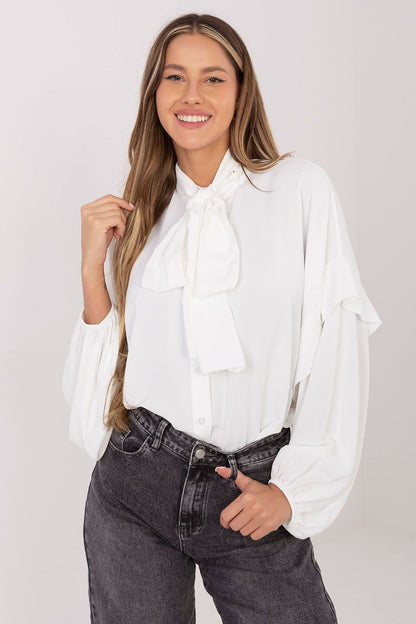 Full view of the elegant collarless women's shirt by Factory Price, demonstrating its lightweight and comfortable polyester fabric.