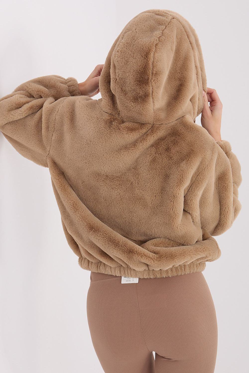 Elegant women's fur transitional jacket with hood, made of soft polyester, perfect for autumn-winter, by Factory Price.