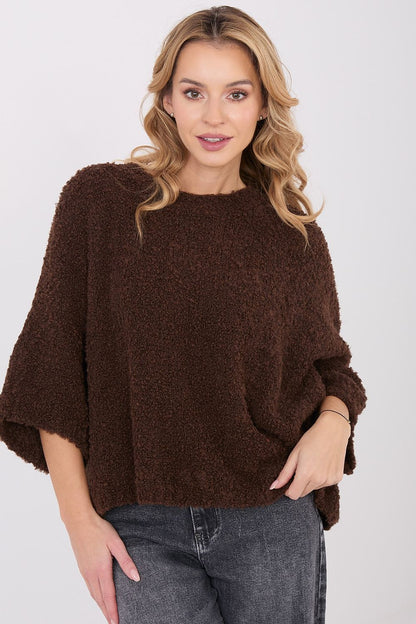 Stylish women's 3/4 sleeve sweater showcasing luxurious boucle design, ideal for coffee dates or casual outings, by Factory Price.