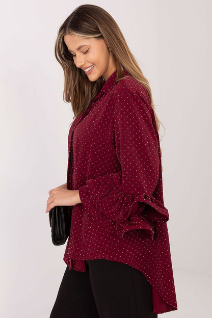 Italy Moda elegant long sleeve shirt featuring ruffled sleeves and luxurious jet appliqué, perfect for women’s formal occasions.