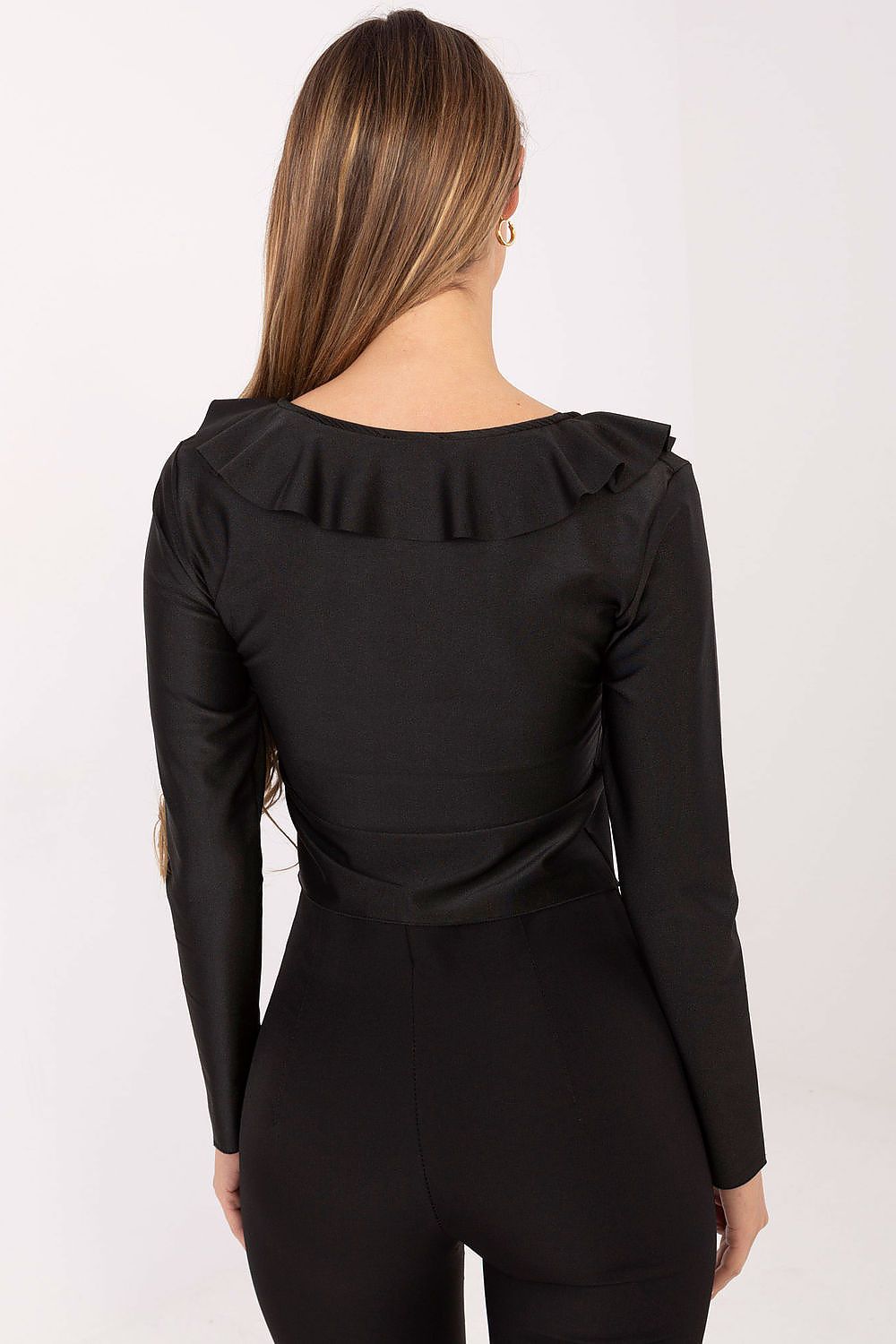 Close-up of the luxurious fabric detail of Italy Moda's elegant women's blouse, showcasing a sophisticated polyester and viscose blend.