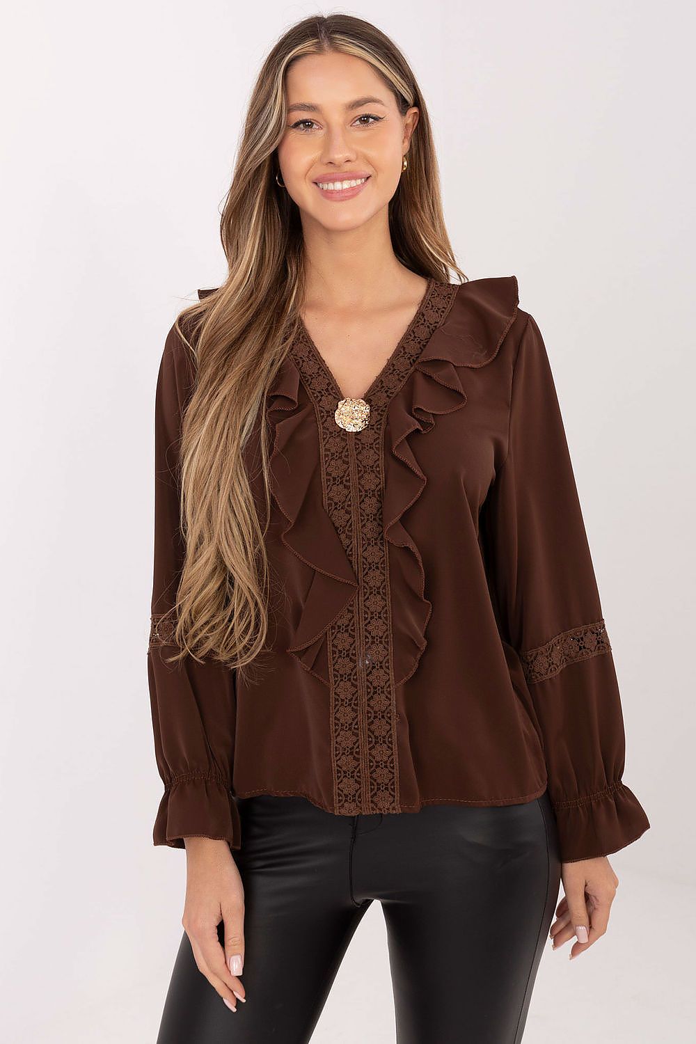 Elegant women's blouse by Italy Moda featuring a V-neck design, ruffled sleeves, and intricate lace inserts, perfect for formal and casual occasions.