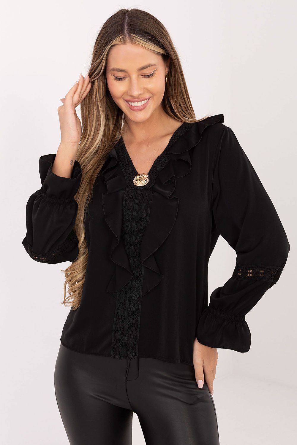 Stylish flat lay of the Italy Moda women's blouse, emphasising the smooth fabric blend of viscose, polyester, and elastane, ideal for elegance and comfort.