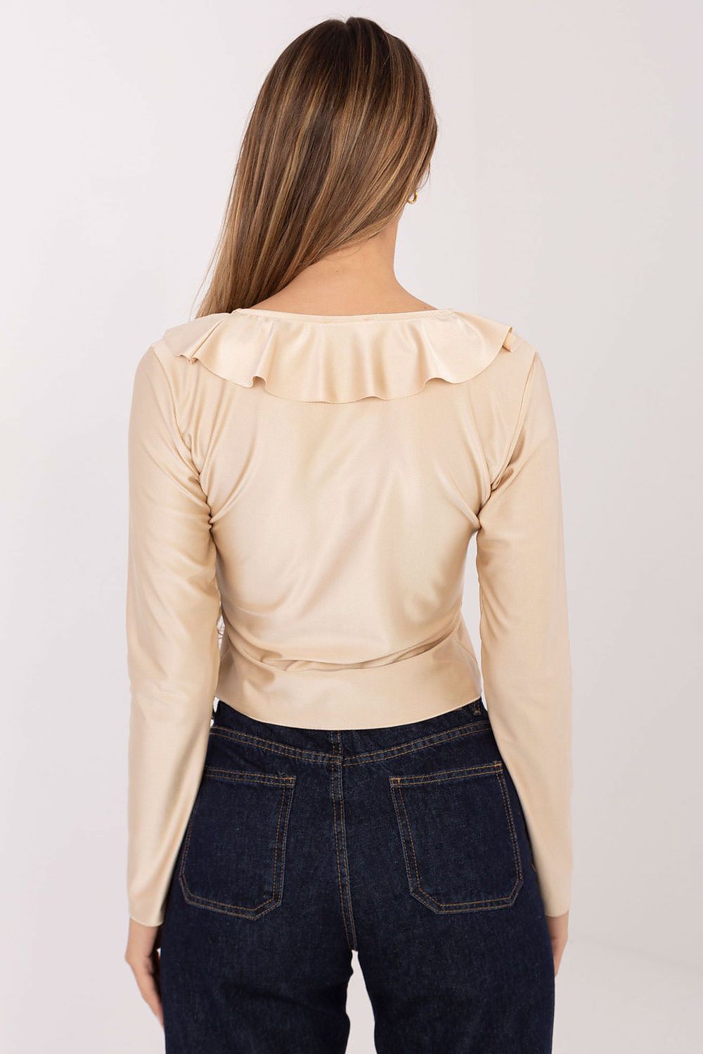 Elegant women's blouse by Italy Moda, featuring a modern short length, long sleeves, and a unique tie neckline, perfect for sophisticated formal occasions.