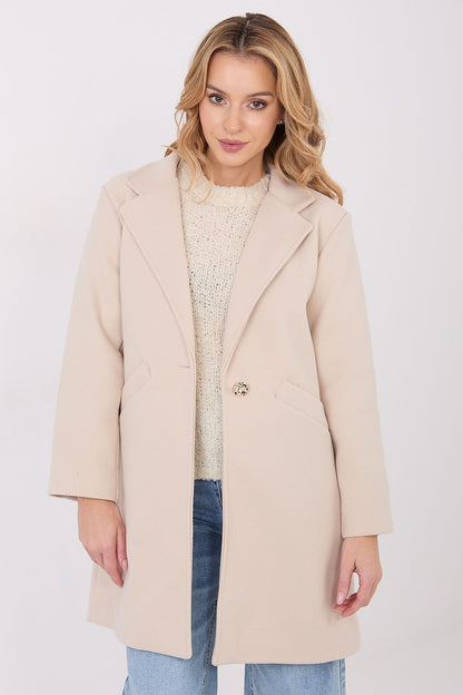 Stylish side profile of the Italy Moda women's transitional coat, showcasing its short length and long sleeves for modern fashion.