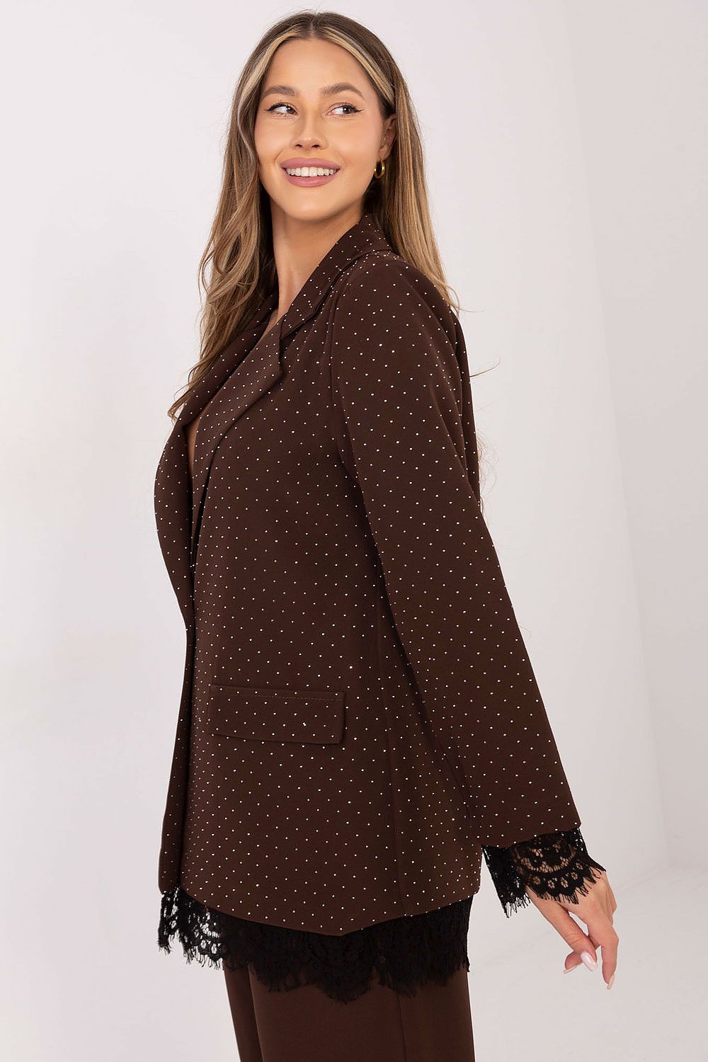 Luxurious long sleeve Women's Blazer designed by Italy Moda, adorned with decorative jet stones and lace.