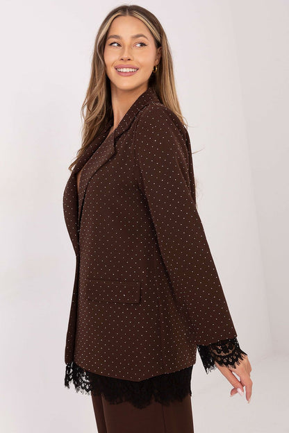 Luxurious long sleeve Women's Blazer designed by Italy Moda, adorned with decorative jet stones and lace.
