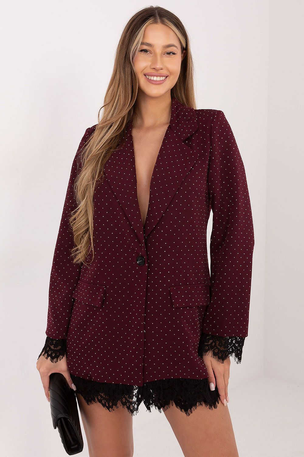 Elegant women's blazer by Italy Moda featuring striking jet stones, lace trims, and a sophisticated silhouette, perfect for formal occasions.