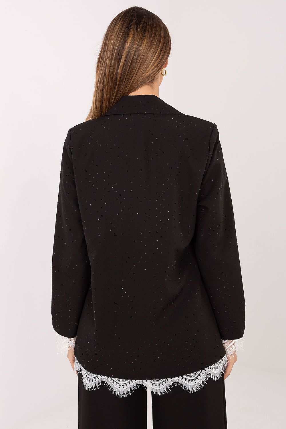 Elegant women's blazer with lace details and jet application by Italy Moda, showcasing a sophisticated cut and luxurious fabric.