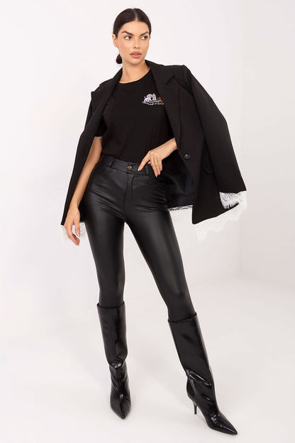 Back view of a stylish women's blazer by Italy Moda, displaying unique lace design elements that enhance its sophisticated aesthetic.