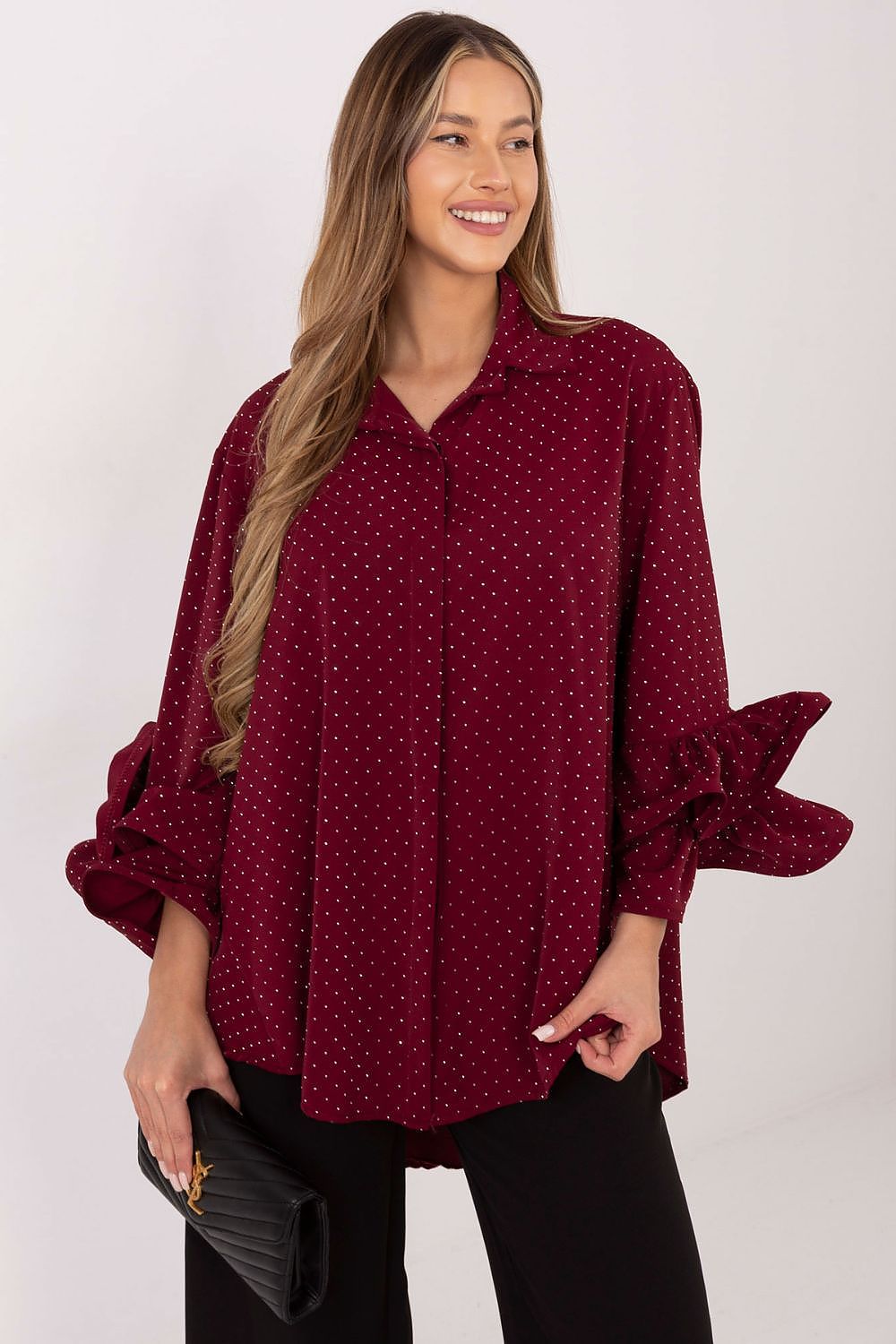 Full view of Italy Moda elegant long sleeve shirt highlighting its elongated back and luxurious design for stylish women.