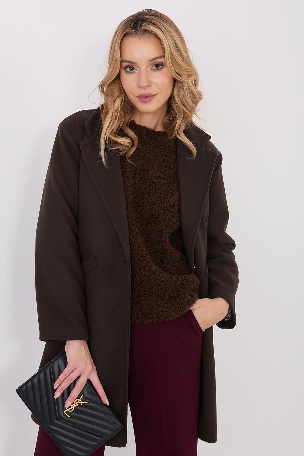 The chic shape and classic details of the Women's Transitional Coat by Italy Moda displayed beautifully, perfect for formal and everyday occasions.