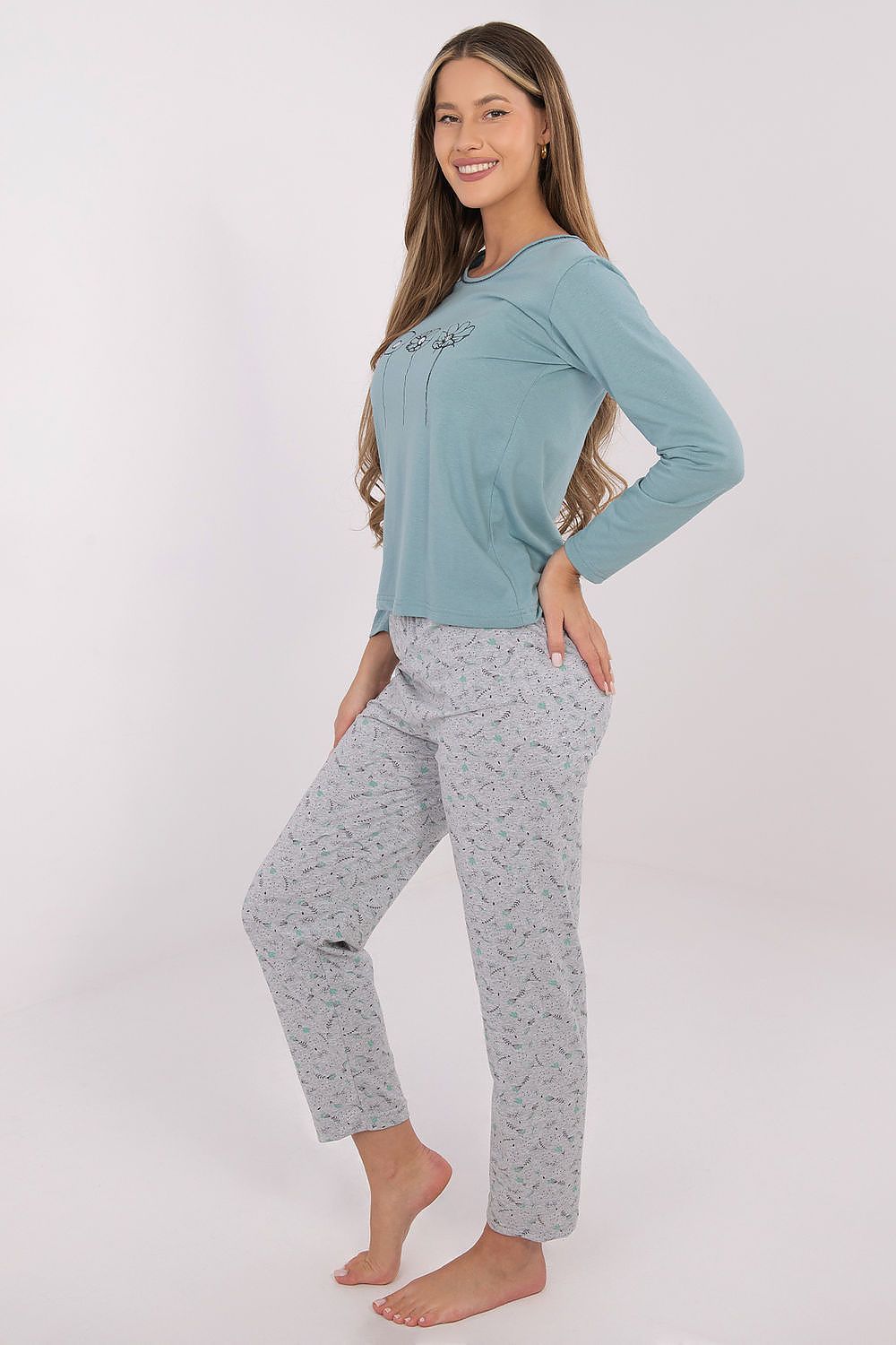 Detail shot of Forever Pink's Luxury Cotton Women's Pyjama Set, showcasing the subtle feminine print on the blouse, perfect for elegant loungewear.