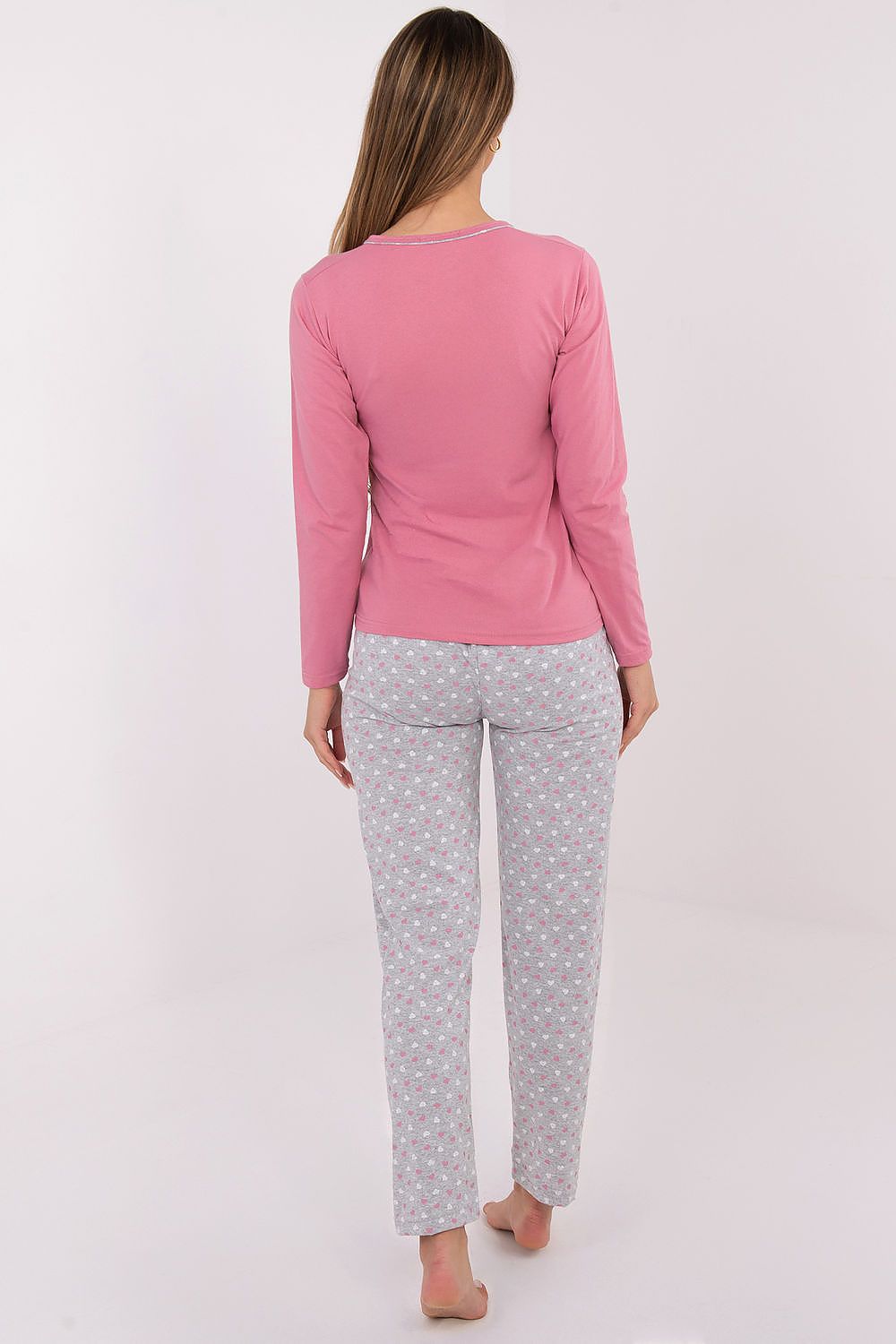 Detailed view of the Forever Pink women's pyjama pants with charming print, highlighting the set's stylish yet comfortable essence.