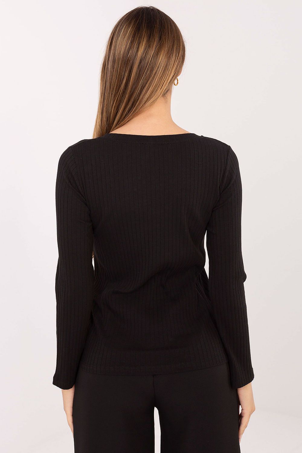 Long-sleeved Rue Paris cotton-spandex blend blouse in elegant V-neck style, ideal for chic layering or smart-casual occasions.