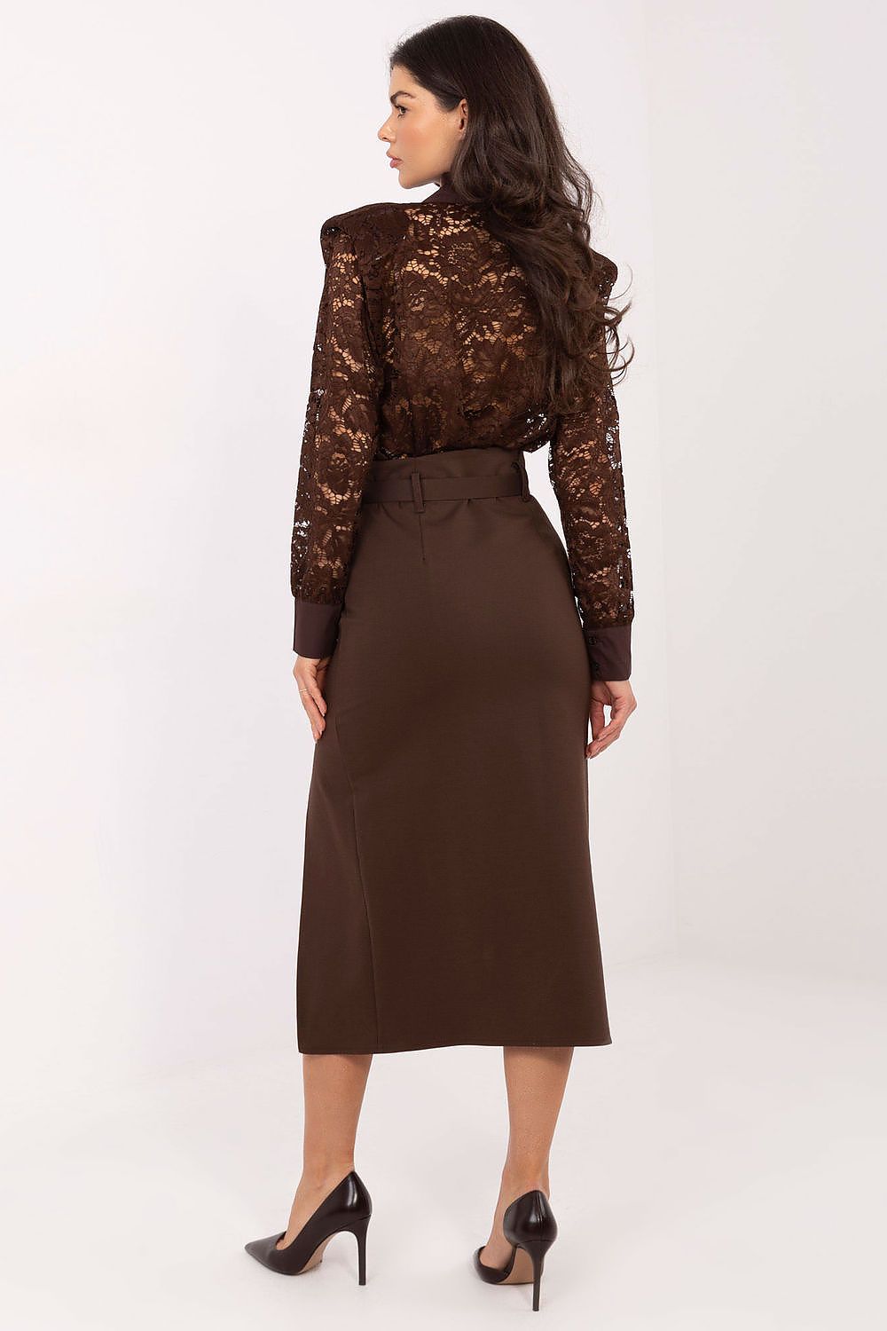 Elegant midi skirt by Rue Paris featuring front slit design, perfect for formal occasions and evening outings.