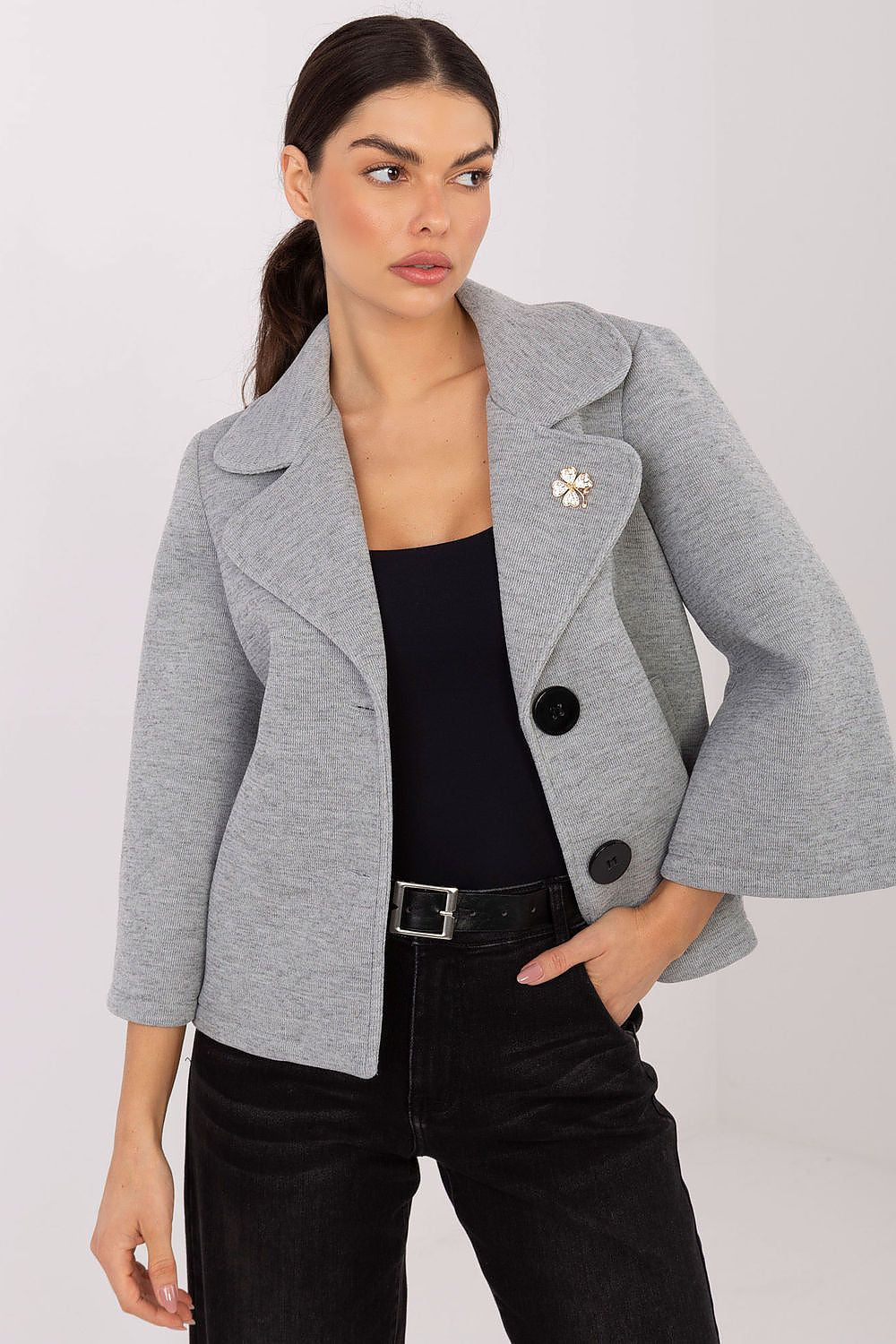 Elegant women's 3/4 sleeve coat by Rue Paris featuring a classic lapel design and decorative brooch, perfect for autumn and winter styling.