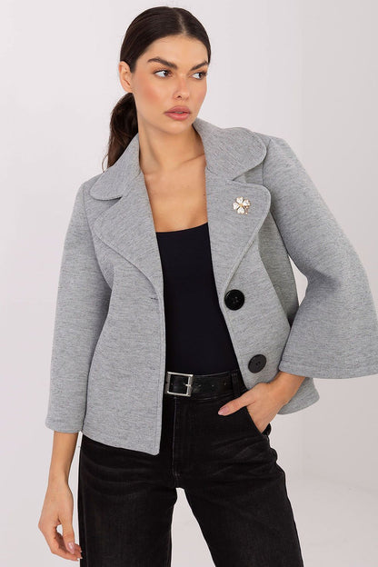 Elegant women's 3/4 sleeve coat by Rue Paris featuring a classic lapel design and decorative brooch, perfect for autumn and winter styling.