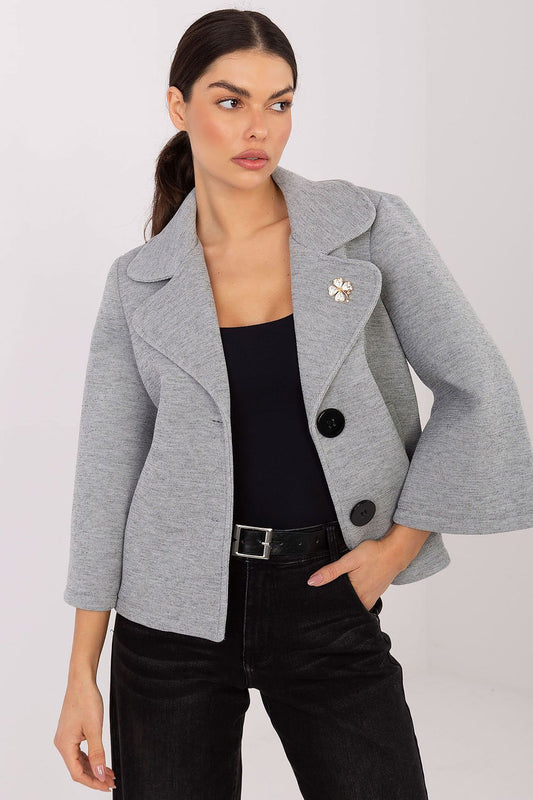 Elegant women's 3/4 sleeve coat by Rue Paris featuring a classic lapel design and decorative brooch, perfect for autumn and winter styling.