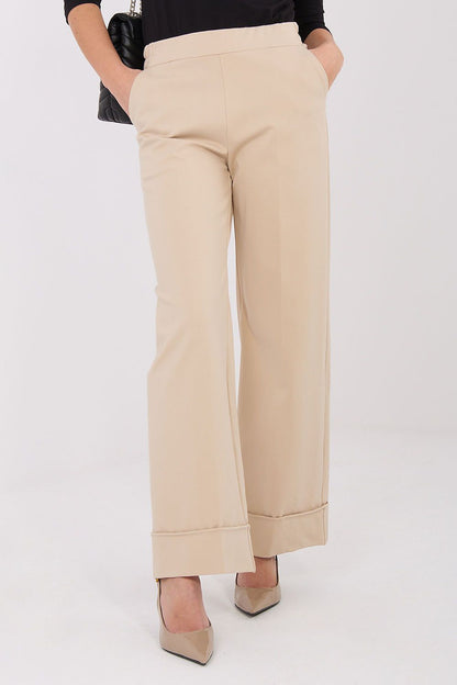 Chic women's wide leg pants with a fashionable cuff detail by Rue Paris, designed to highlight the waist and enhance comfort.