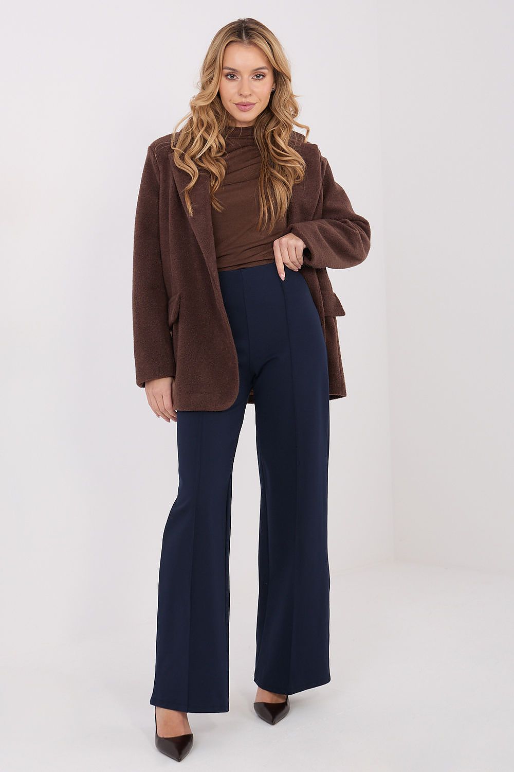 Stylish high waist wide leg trousers by Rue Paris, designed for women seeking comfort and elegance, featuring a minimalist silhouette that enhances any wardrobe.