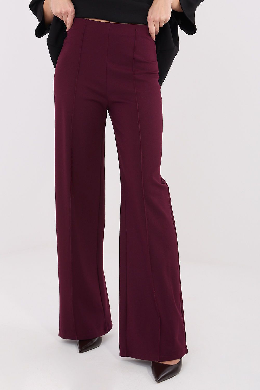Elegant wide leg trousers for women by Rue Paris, featuring a high waist and soft, comfortable fabric blend, ideal for modern office wear.