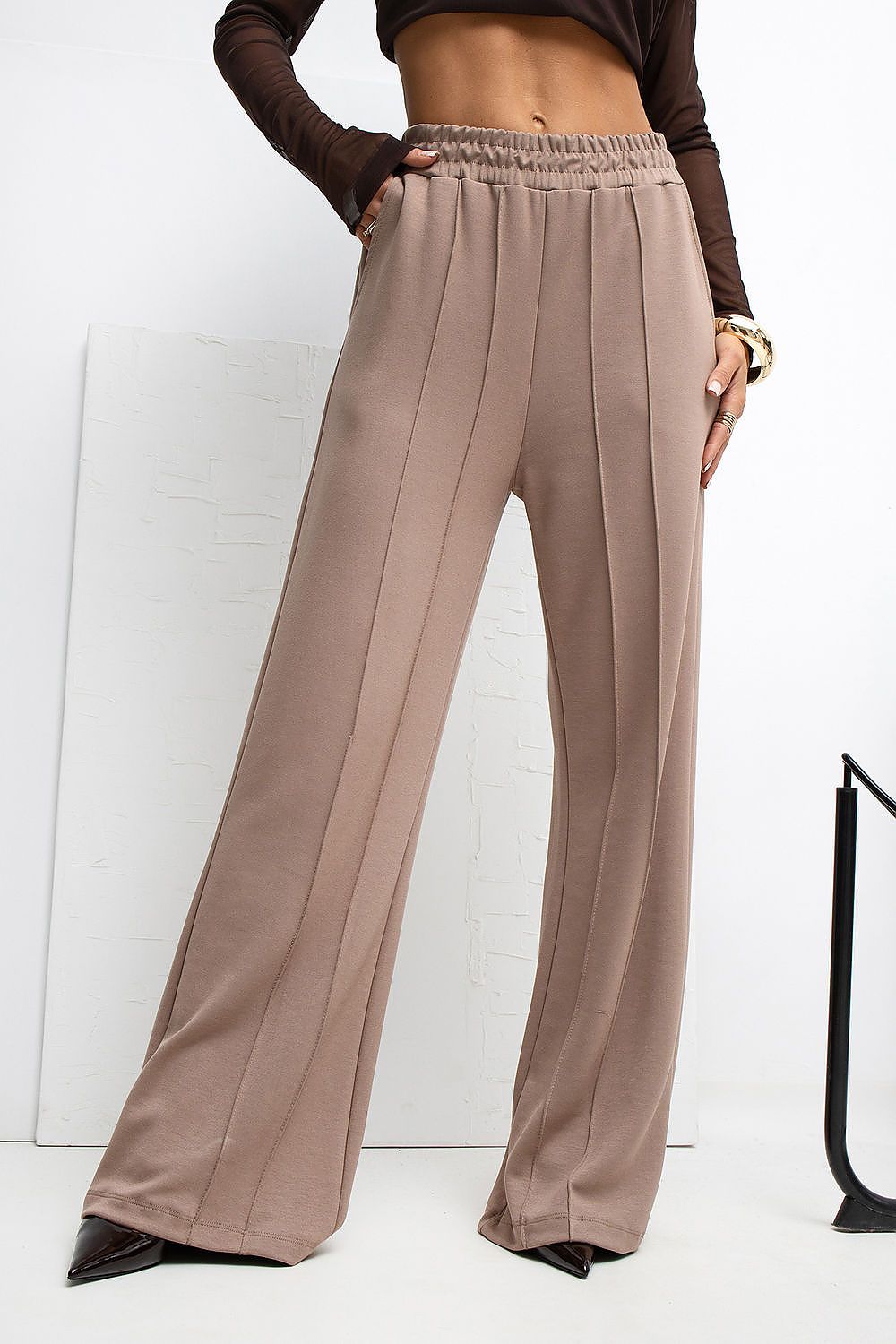 Elegant Rue Paris women's high waist wide leg tracksuit trousers in soft viscose-spandex blend, perfect for effortless casual luxury.