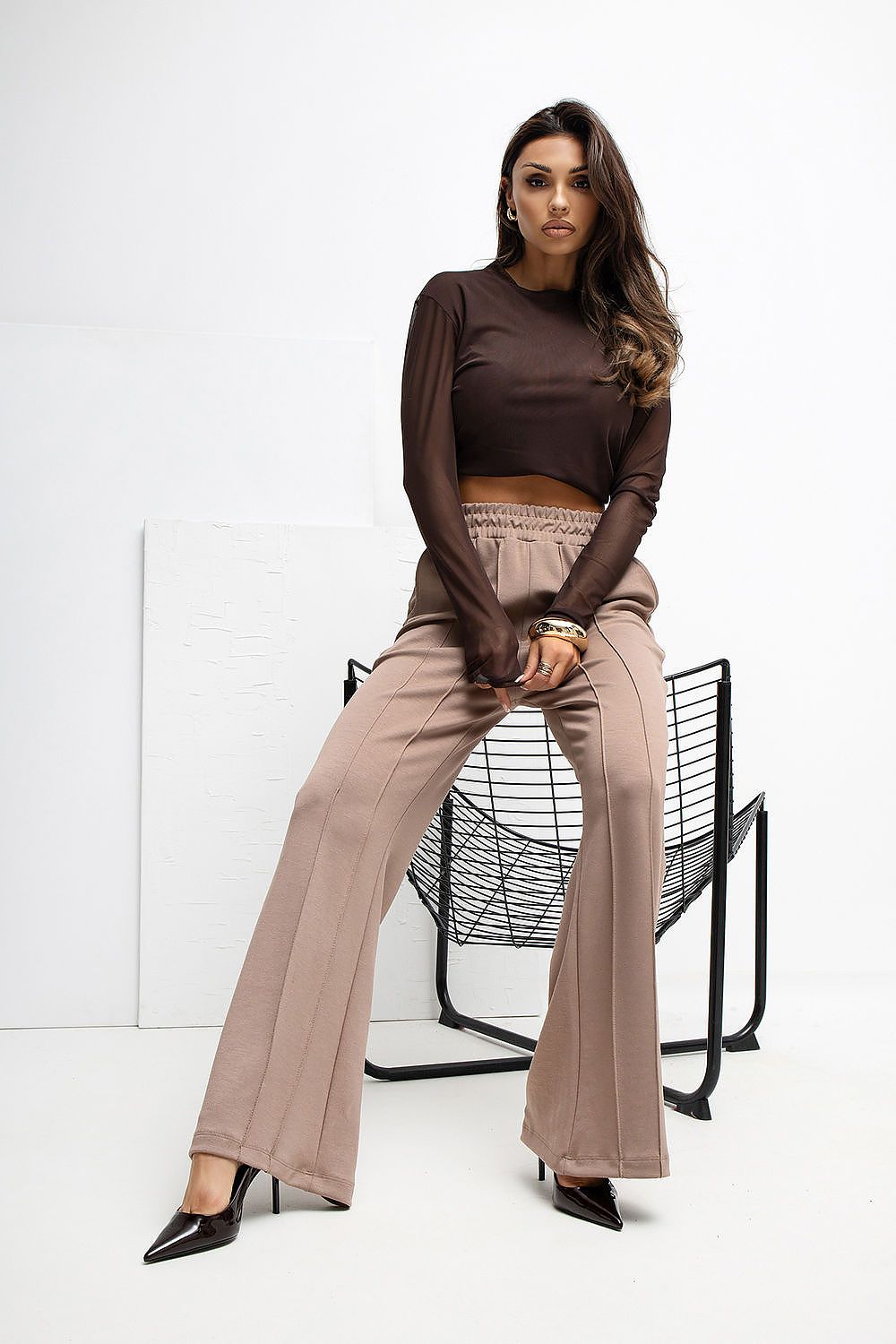 Rue Paris Women's High Waist Wide Leg Tracksuit Trousers, showcasing the luxurious soft viscose-spandex blend, perfect for modern casual style.