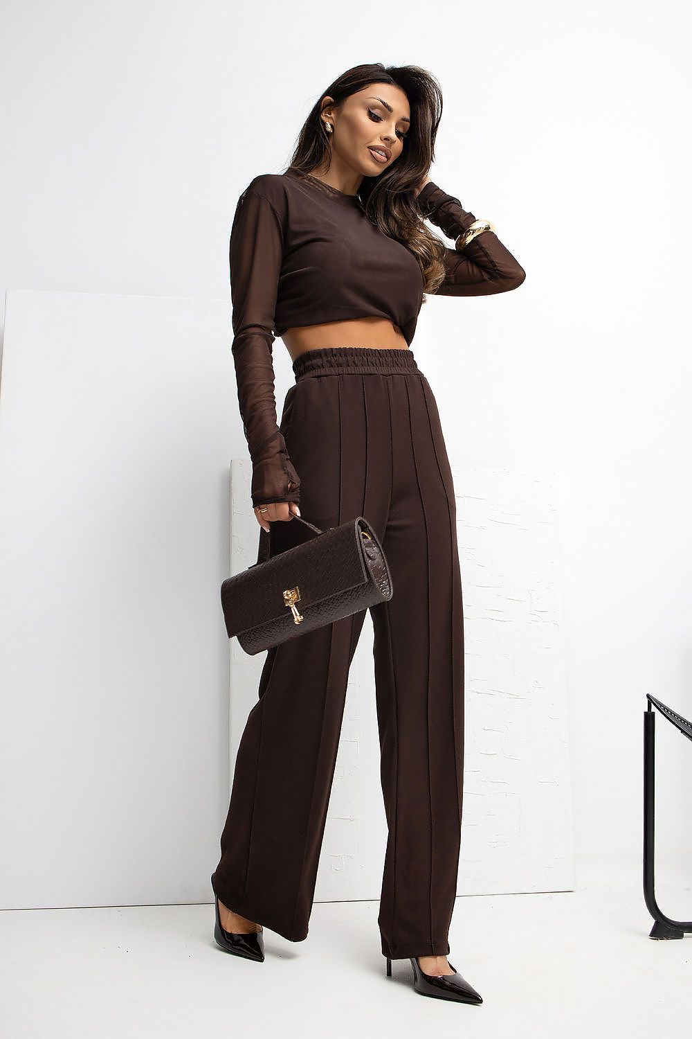 Close-up of the fabric texture of Rue Paris Women's High Waist Wide Leg Tracksuit Trousers, demonstrating its buttery soft feel and lightweight design.