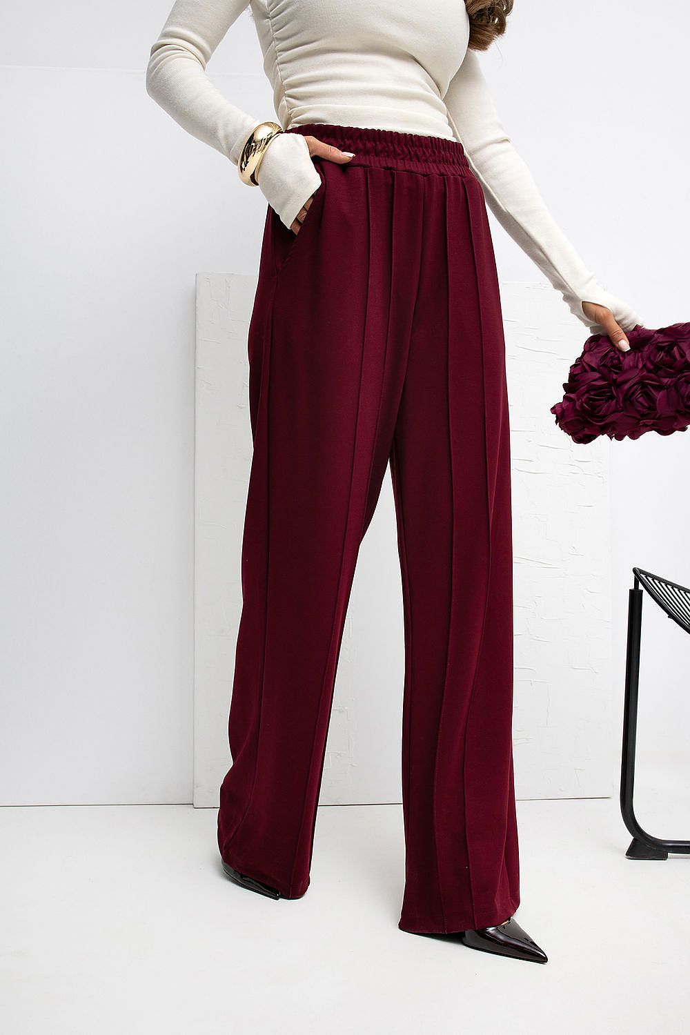 Details of the side slip pockets on Rue Paris Women's High Waist Wide Leg Tracksuit Trousers, merging functionality with minimalist luxury.